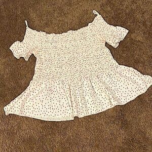 Size XS Top. With elastic bodice. White with‎ red dots. Off the shoulder.